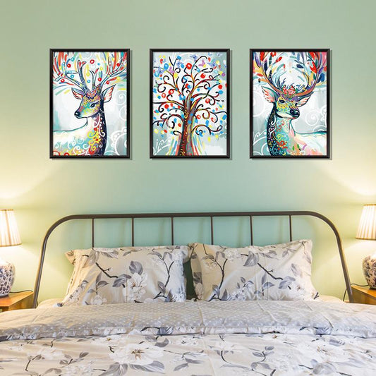 Three-dimensional triptych watercolor elk wall stickers study dormitory background decoration