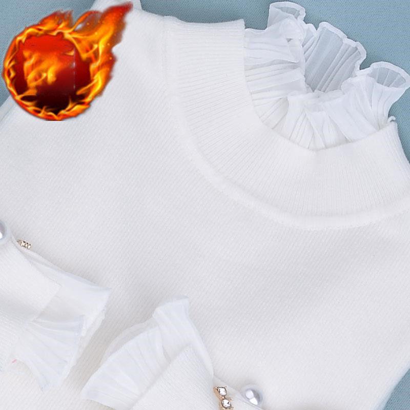 Plus Velvet Thick Warm Sweater Women Ruffles Lace Stitching Collar Pullover Sweater Short Stretchable Slim Knitwear Jumper