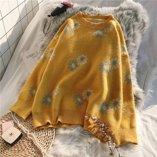 Style Flower Knit Cardigans Sweater Women O-Neck Loose Elegaht Thicked Pull Femme Print Short Casual Pullover Autumn Winter Women Knitted Sweater