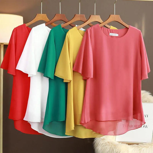 Chiffon Shirt Short -sleeved Female Summer Round Neck Loose Increase Size Top T -shirt Bottom Shirt