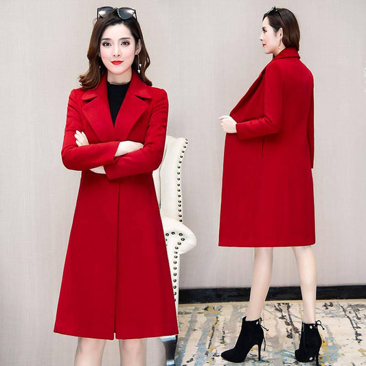 Female Overcoat Autumn Winter Solied Long Sleeve Long Christmas Clothes Blends Woolen Jacket