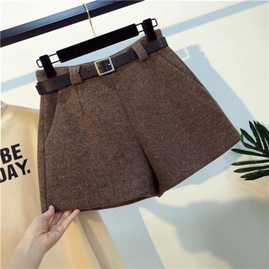 Woolen Women's Short Pant with Sashes High Waist Slim Large Size Female Wide Leg Pants Fashion