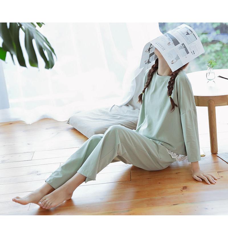 Women's Spring Autumn Long-sleeved Pajamas Set Lace Edge Round Neck Solid Color Loose Large Size Sweet Three-quarter Sleeve Home Wear Suit
