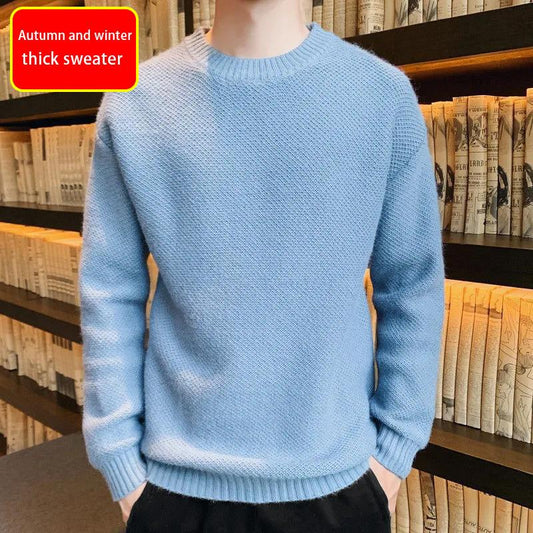 Autumn/winter Sweater Men's Plus Velvet Thick Warm Knit Sweater Round Neck Fashion Pullover Sweater Suitable for Teenagers