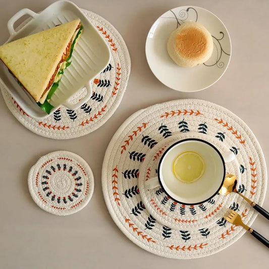 Cotton Hand-woven Printed Placemats Retro Country Style Round Coaster Insulation Mat Autumn and Winter Dining Table Mat