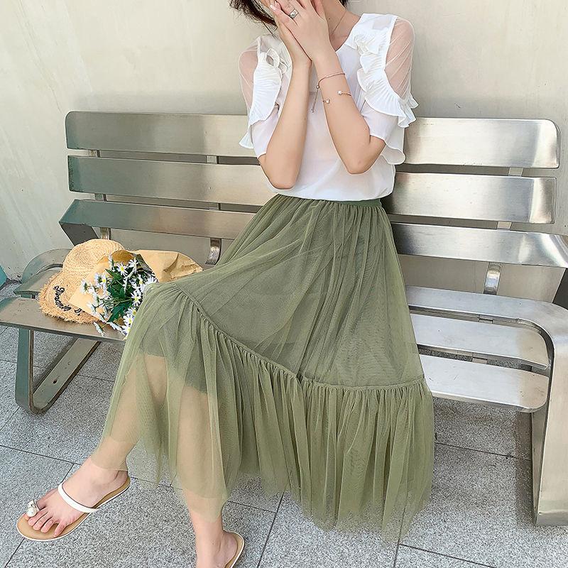 Three Layers Yarn Skirt Woman's Mid-length Elastic Waist Lace High Waist A-line Skirt Pleated Skirt Fairy Tutu