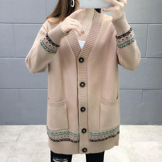 Spring and Autumn Knitted Cardigan Sweater Mid-length Casual Top Loose Outer Wear Women's Jacket