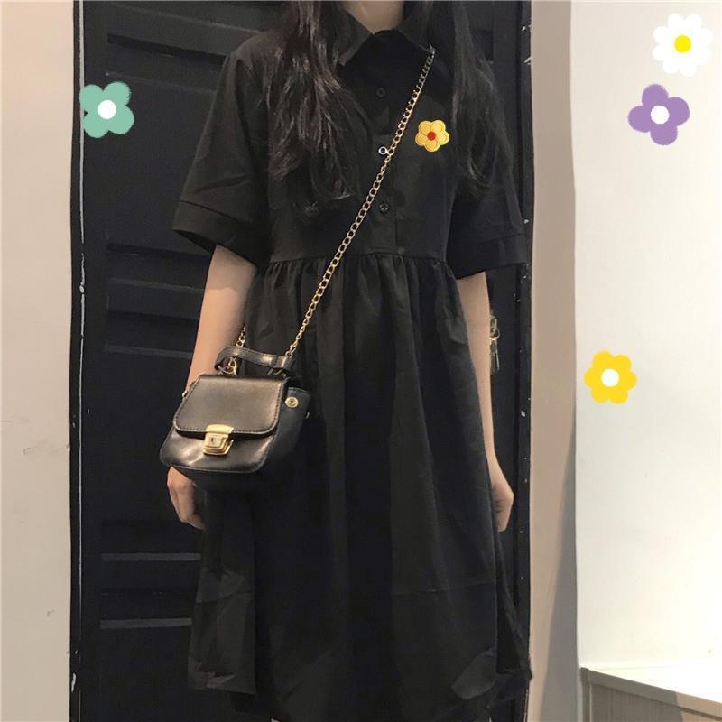 Summer Black Embroidered Solid Color Cute Sweet Girl College Style Age Reduction Looser Short Sleeve Dress