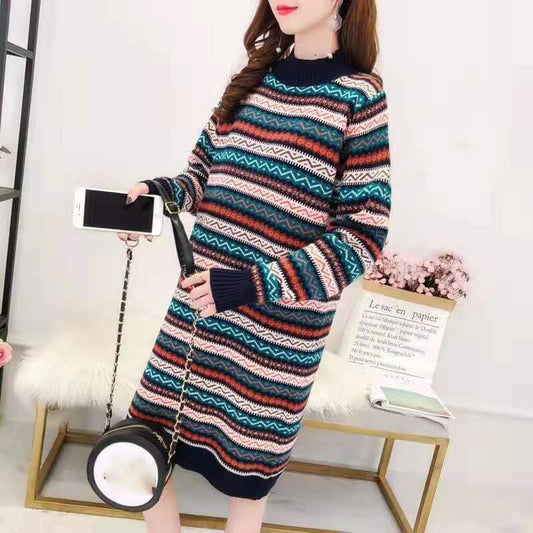 Mid-length Retro Ethnic Striped Over-the-knee Sweater Dress Female Net Red Loose Long-sleeved Hooded Pullover Knitted Jacket