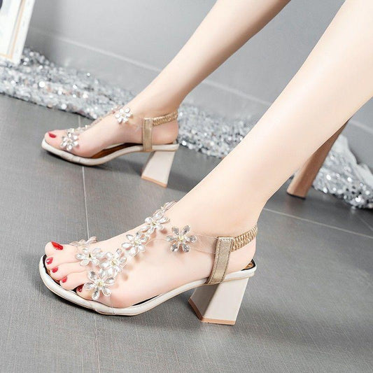 Women's Summer Roman Sandals All-match Fashionable Women's Shoes Crystal Transparent Chunky Heel High Heels