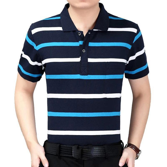 Summer Middle-aged Men's Short-sleeved T-shirt Lapel Dad Wear Summer Loose and Thin Half-sleeved Men's Striped Shirt
