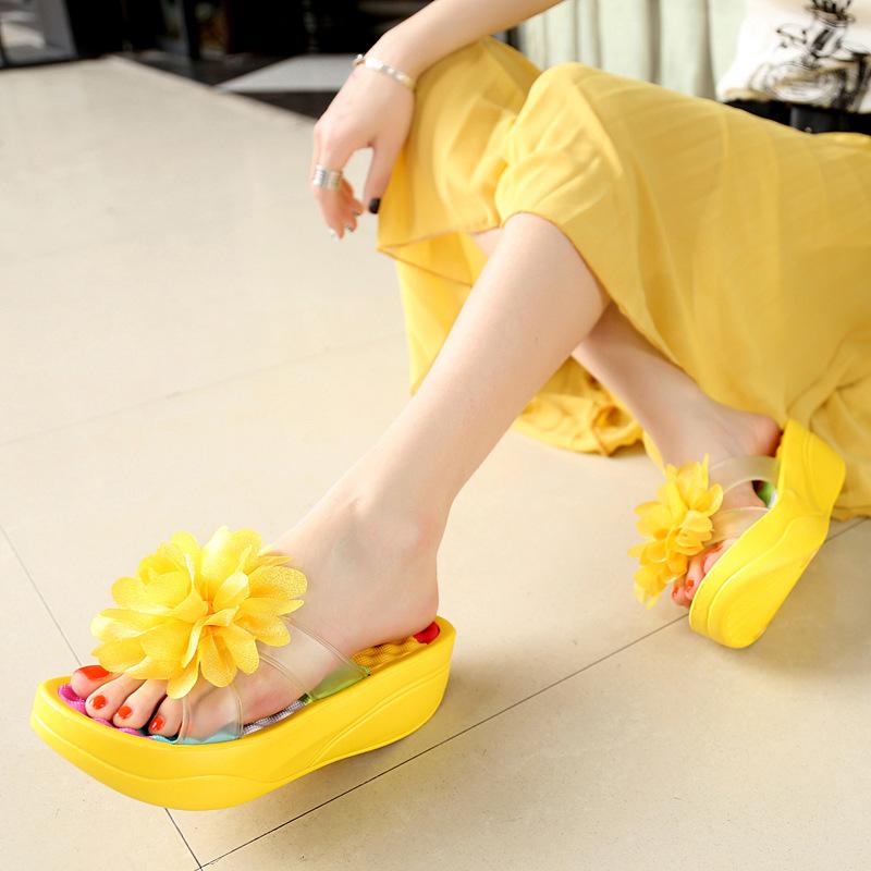 Summer Foam Sandals Women's Ultra-light Beach One-word Slippers Thick-soled High-heeled Flowers Home Non-slip Women's Slippers