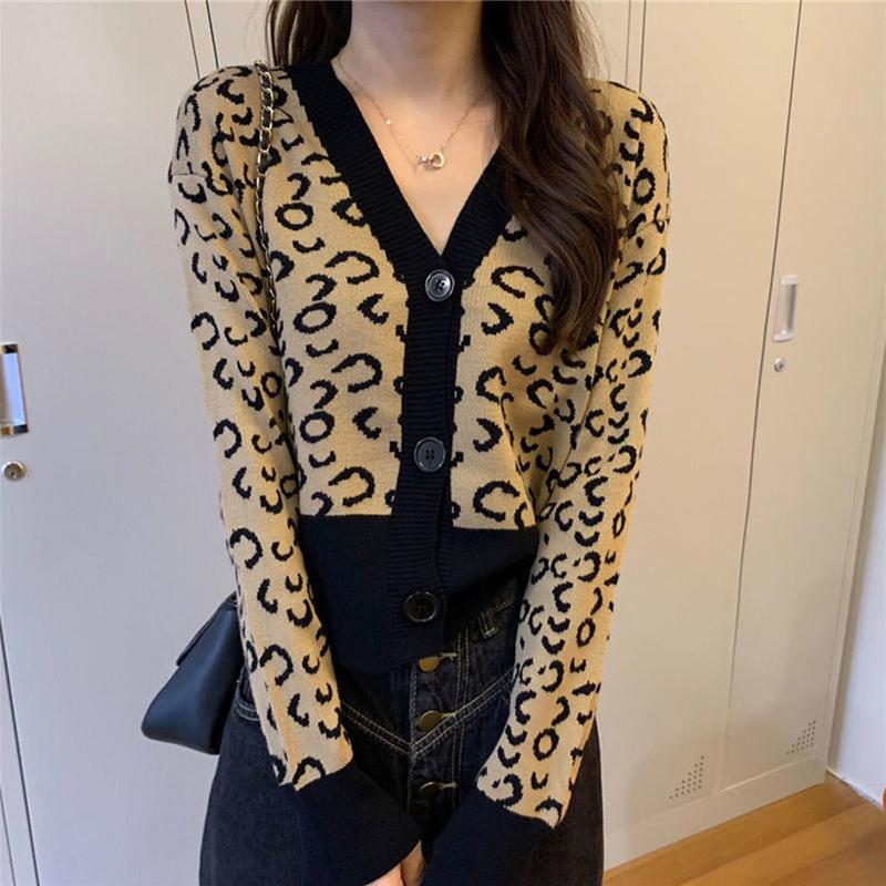 Spring Contrast Color V-neck Long-sleeved Short Leopard-print Knitted Cardigan Women's Outer Slim Sweater Coat