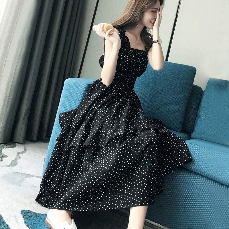 Mid-length Sling Chiffon Polka Dot Floral Dress Female Slimming Fairy Long Skirt Sling Polka Dot Dress Large Skirt A-line Version
