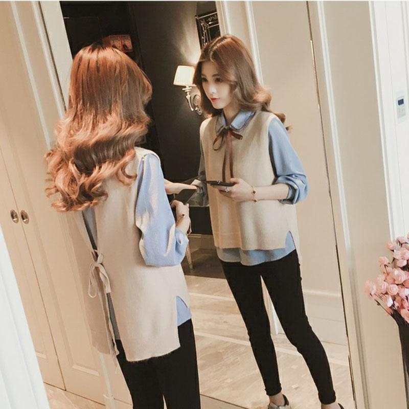 Spring and Autumn Striped Shirt Vest Two-piece Knitted Suit Vest Fashion Simple Female Sweater