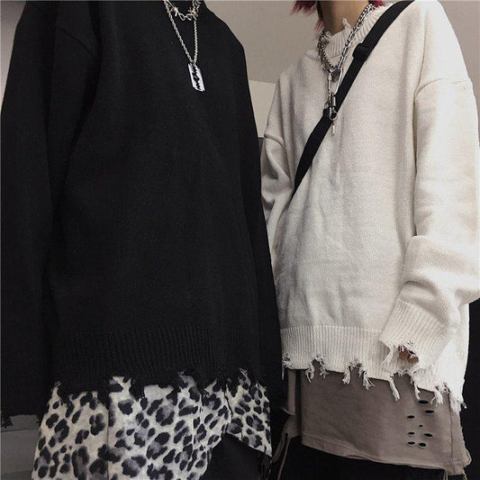 Harajuku Style Loose Couple Pullover Sweater Men and Women Ripped Tassel Knitted Sweater Outer Wear Unisex