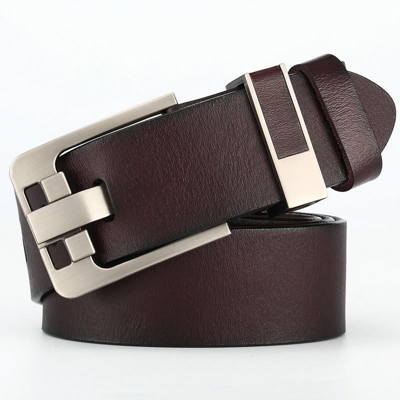 Men's Belt Pin Buckle Two-layer Cowhide Leather Retro Casual Square Solid Alloy Buckle