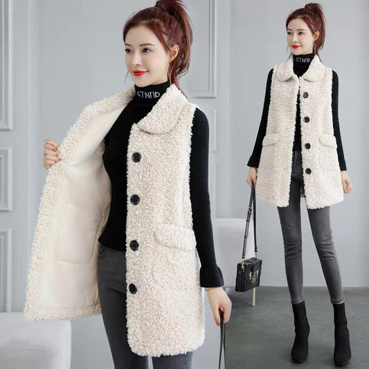 Women's Winterized Vest Lamb Wool Mid-Length Fur All-In-One Fleece Jacket