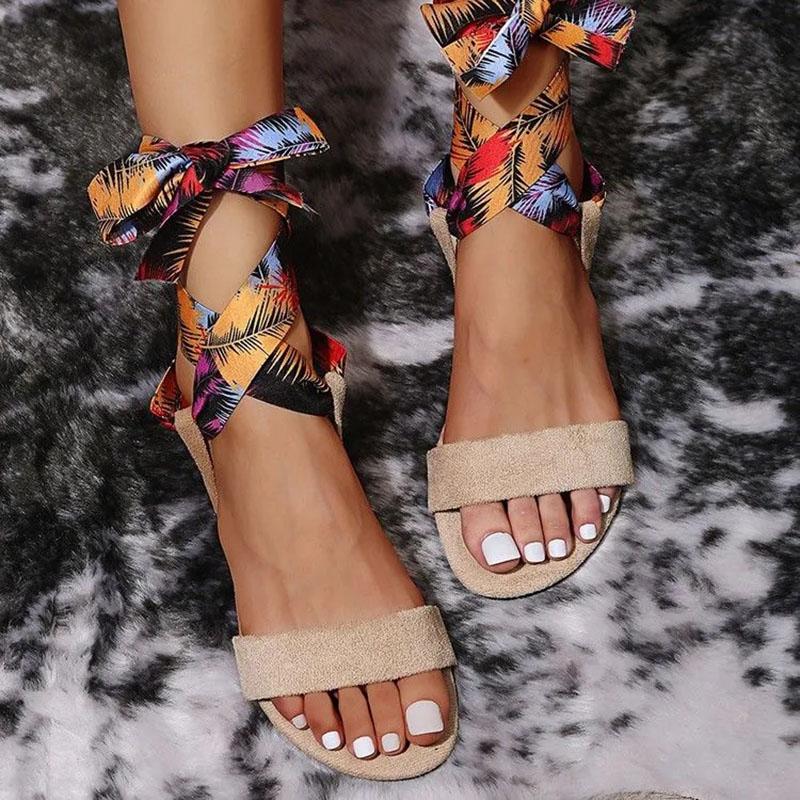 Summer Satin Printed Ladies Cross Strap Flat Sandals Comfortable Non-Slip Beach Flat Shoes Boho Sandals