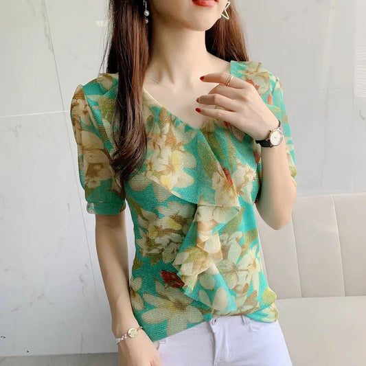 Women's Short Sleeve T-Shirt Summer V-Neck Loose Print Cropped Top