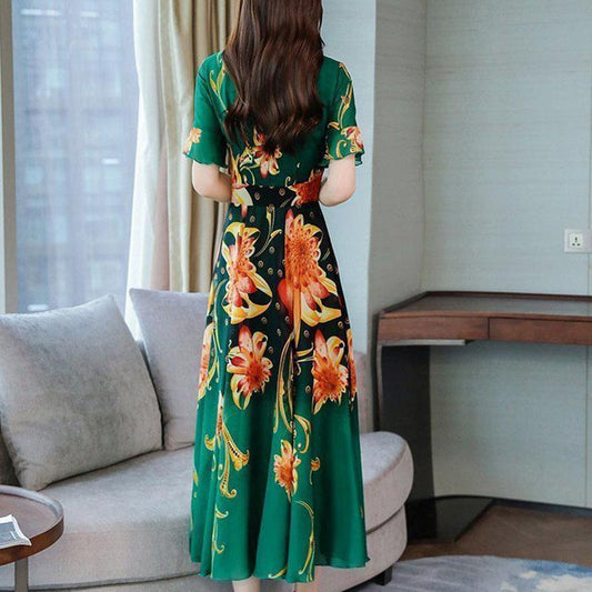 Women's Slim A-line Skirt Summer Short Sleeve Long Floral Large Size Dress