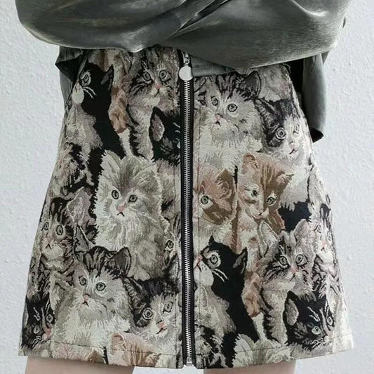 Retro A-line Skirt Jacquard Embroidery Cat Print Mini Skirt Spring Summer Women's High Waist Cool Short Skirt Hip Skirt