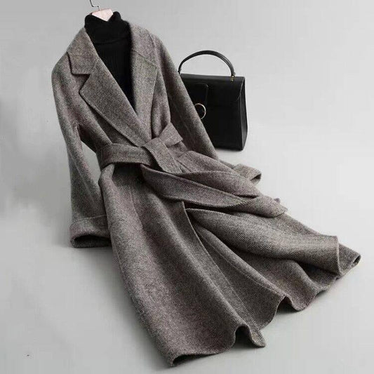 Cashmere Coat Elegant Long Women's Coat Lapel 2 Pockets Belted Jackets Coats Female Outerwear