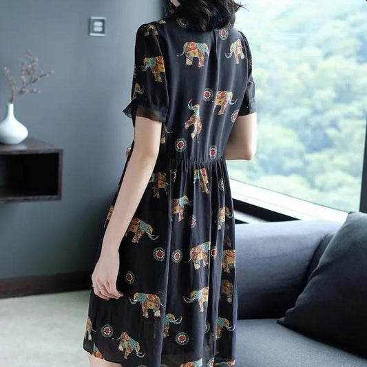 Summer Temperament Lace Stitching Dress Loose Large Size Round Neck Short Sleeve Mid-length Dress
