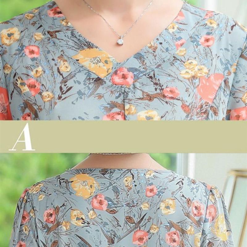 Summer Chiffon Dress Short-sleeved Round Neck Temperament Women's Knee-length Skirt Fabric Light and Breathable Ladies A-line Dress
