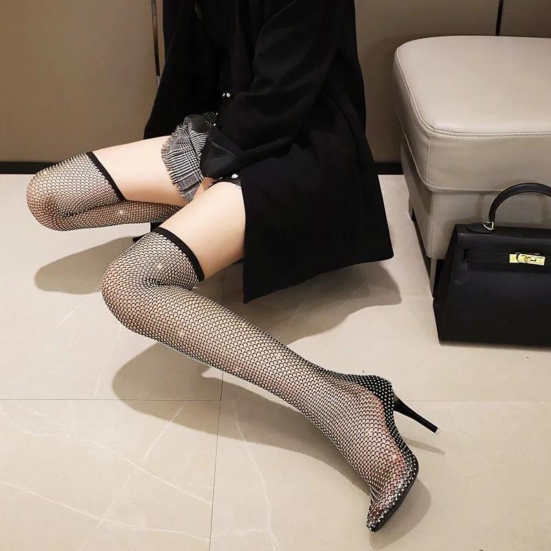 Women's Knee High Boots Cool Boots Rhinestone Hollowed Out Mesh Boots High Thin Heels Pointed High Heels