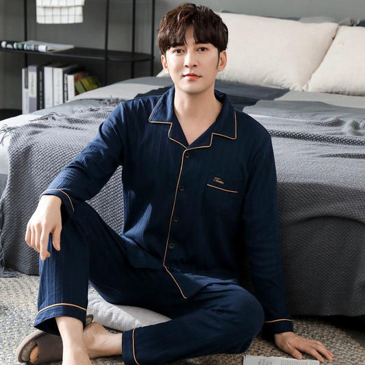 100% Double-sided Cotton Pajamas Men's Long-sleeved Spring, Autumn and Winter Young and Middle-aged Casual Plus Size Winter Home Service Suits