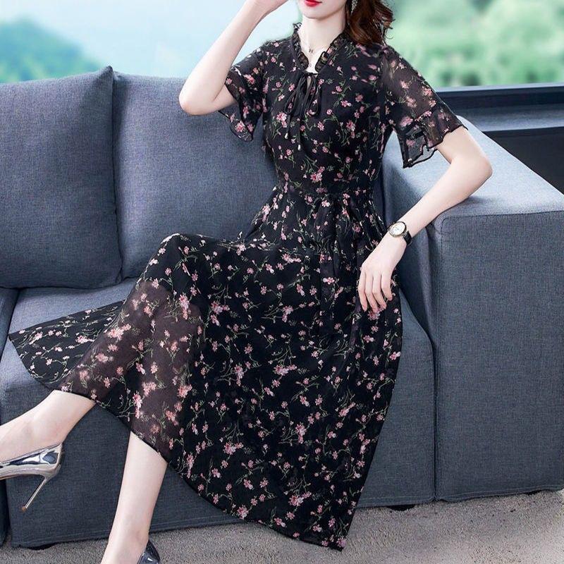 Chiffon Skirt Spring and Summer Long-sleeved Floral Dress Large Size Age-reducing Skirt Bottoming Long Skirt Large Skirt Waist Waist Thin
