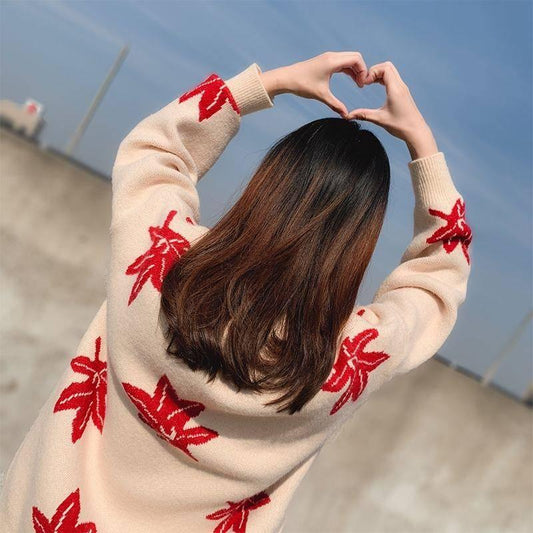 Autumn and Winter Knitted Maple Leaves Pattern Sweater Thickened Round Neck Loose Sweater