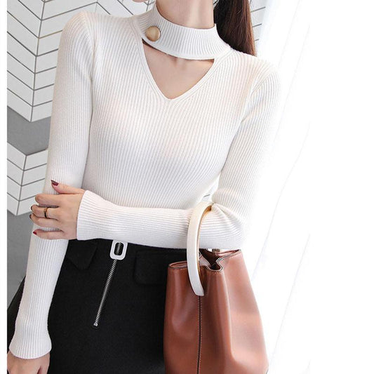 Autumn and Winter Hollow V-neck Sweater Long-sleeved Slim Pullover Bottoming Shirt Fashion Knitted Women's Top