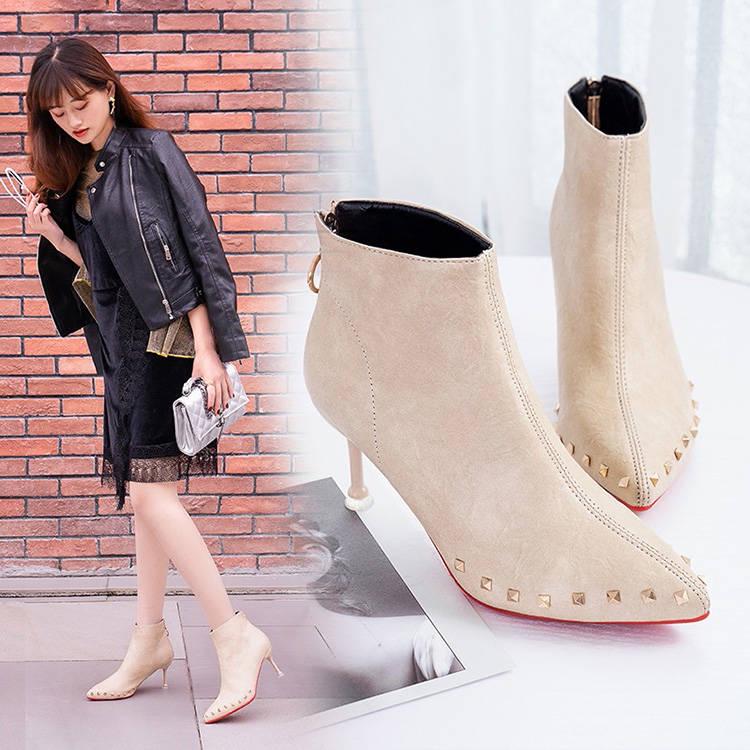 Women Pointed Toe Thin High Heels Ankle Boots Woman Party Shoes Rivets Sexy Booties
