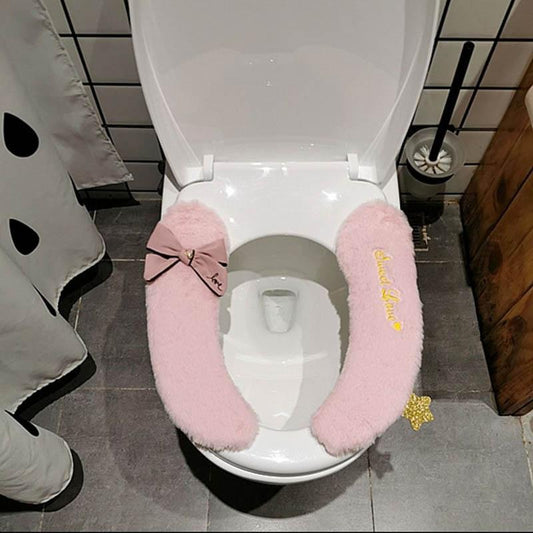 Cute Bowknot Toilet Cushion Household Waterproof Universal Velcro Plush Toilet Cushion Winter Warm Toilet Cushion
