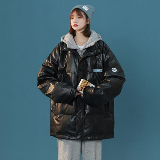 Winter Fake Two-piece Pu Leather Cotton Coat Loose Bread Coat Korean Version Cotton Coat Women's Cotton Jacket Warm Casual Coat Top Outdoor Jacket