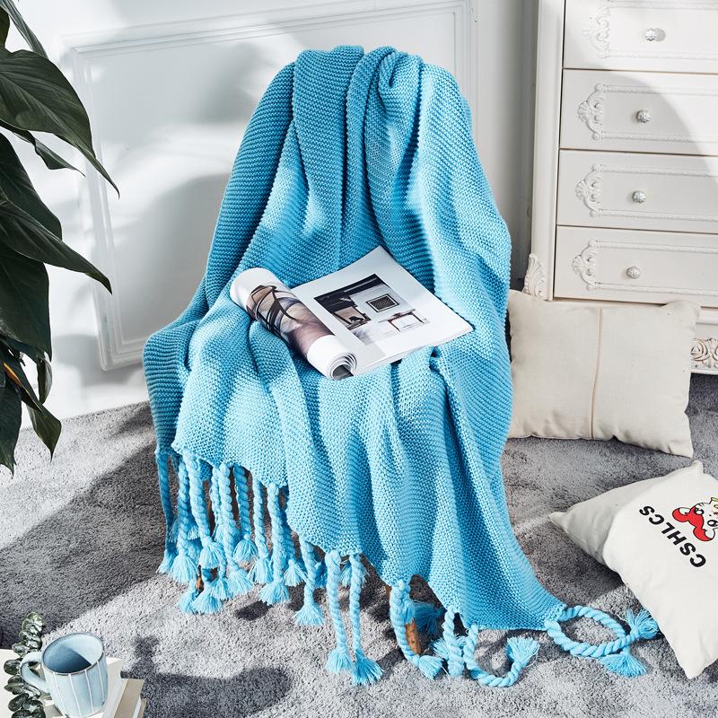 Nordic Plain Knitted Blanket Fringed Sofa Blanket Coarse Thread Nap Blanket