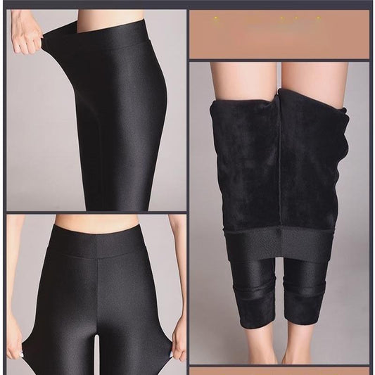 Autumn and Winter Plus Velvet Luster Leggings Women's Outer Wear High-waisted Thin Feet Plus Size Yoga Pants Women