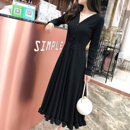 Fashion Women's Casual Solid Long Sleeve Wrap V-Neck Button with Belt Ruffle Waist Dress