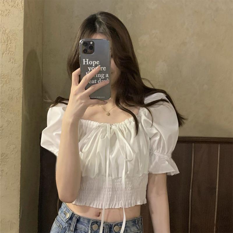 Korean Version of The Self-cultivation Lace Up Puff Sleeve Shirt Women's Design Sense Niche Short Top Trendy