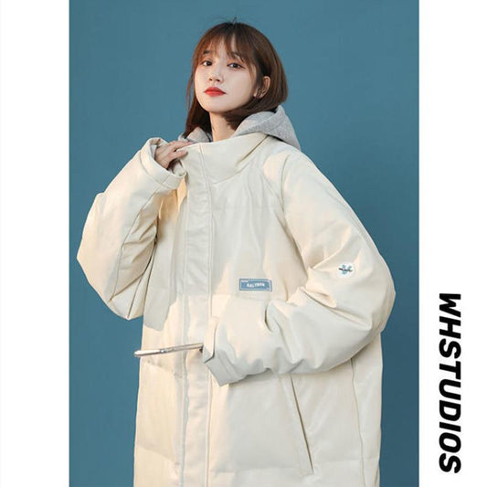 Winter Fake Two-piece Pu Leather Cotton Coat Loose Bread Coat Korean Version Cotton Coat Women's Cotton Jacket Warm Casual Coat Top Outdoor Jacket
