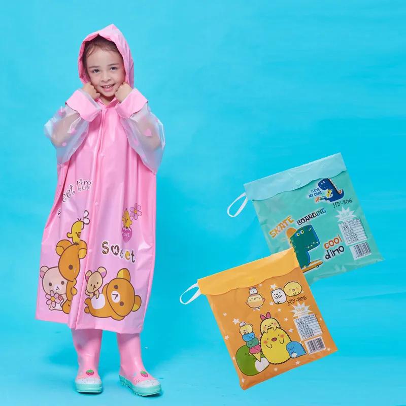 Rain Coat for Kid Pink Cartoon Printed Kawaii Rainwear Inflatable Brim and Reflective Strip Hooded Waterproof Clothes Children Windbproof Raincoats