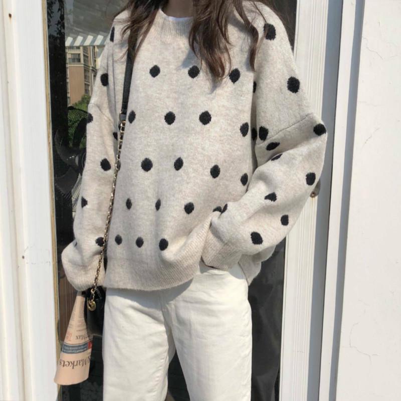 Autumn Winter Retro Dot Student Loose Long Sleeve Round Neck Pullover Classic Sweater Women