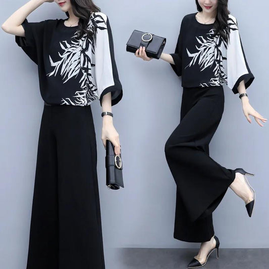 Women's Black Two-piece Wide-leg Trousers Printed Belly Slimming Shirt Casual Suit Women's Plus Size Temperament Casual Loose Suit