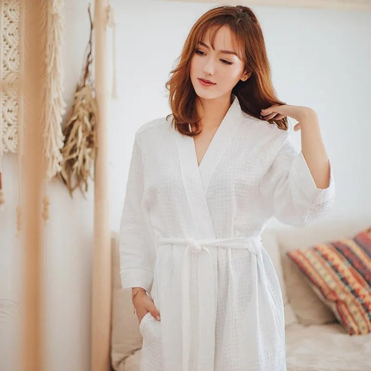 Women's Yukata Pajamas Robe Spring Autumn Loose Waffle Solid Color Bathrobe Long Sleeves Robe Sleeping Robes with Belt