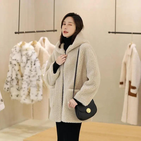 Faux Fur Coat Winter Korean Fashion Mid-length Hooded Lamb Fur Fur One Thick Coat Sheep Shearing Coat
