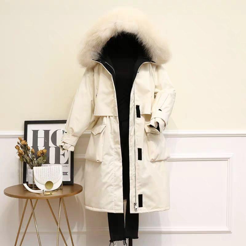 Faux Fur Collar Mid-length Down Jacket Women's Length Over The Knee, Large Size, Thicker, Loose Waist and Slim