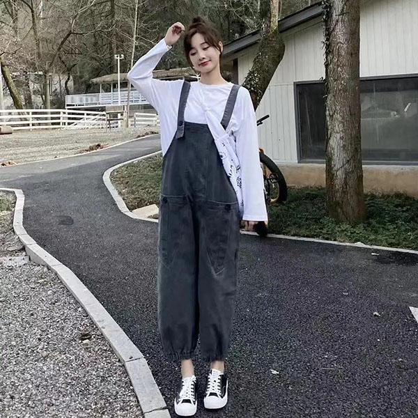 Women Vintage Denim Suspenders Pants Spring and Autumn Loose Versatile Western Style Casual Wide Leg Capris