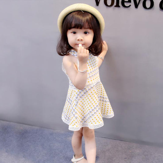 Girls' Summer Korean Style Dot Bohemian Dress Round Neck Sleeveless Dress Lace Cute Baby A-line Skirt